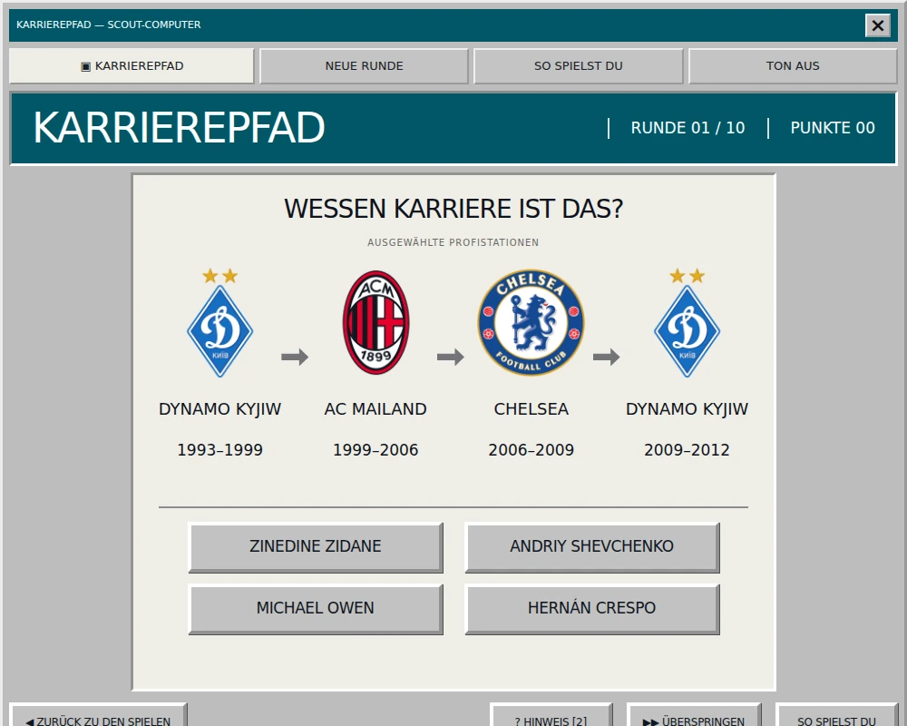 Karrierepfad mit vier ausgewählten Vereinsstationen und vier Spielern zur Wahl.