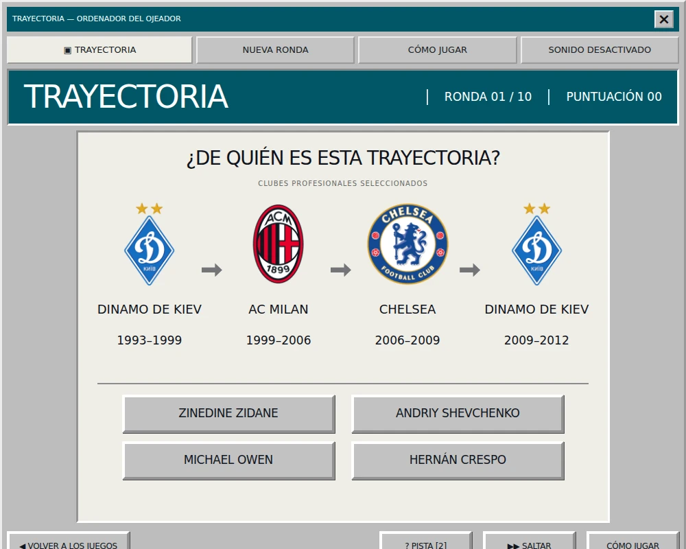 Trayectoria con cuatro etapas seleccionadas en clubes y cuatro opciones de jugadores.