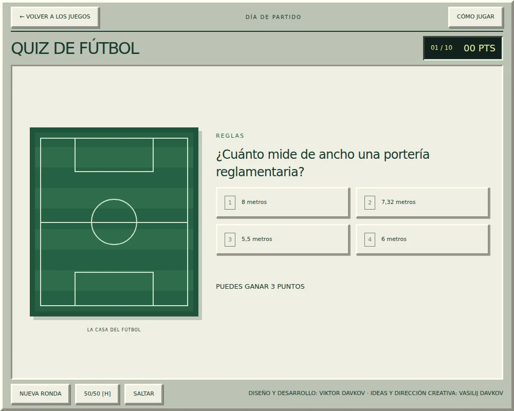 Quiz de fútbol en Game Room, con una pregunta y cuatro botones de respuesta.