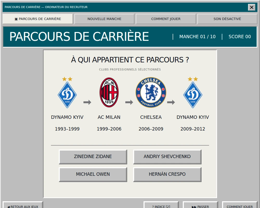 Parcours de carrière montrant quatre passages sélectionnés en clubs et quatre joueurs au choix.