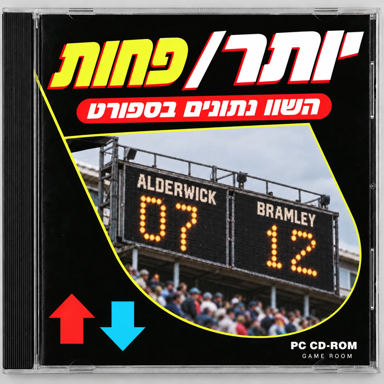 עטיפת תקליטור בסגנון רטרו למשחק ״יותר / פחות״