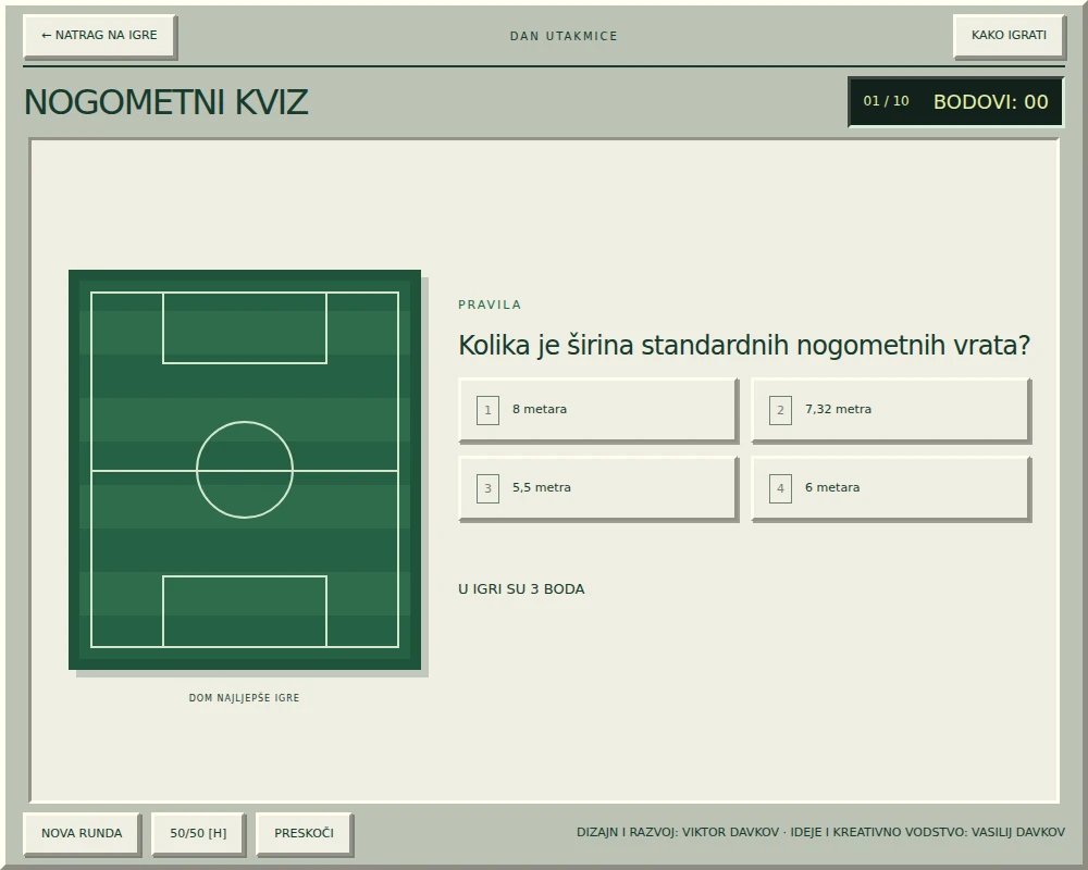 Nogometni kviz pokrenut u projektu Game Room, s pitanjem i četiri gumba za odgovor.
