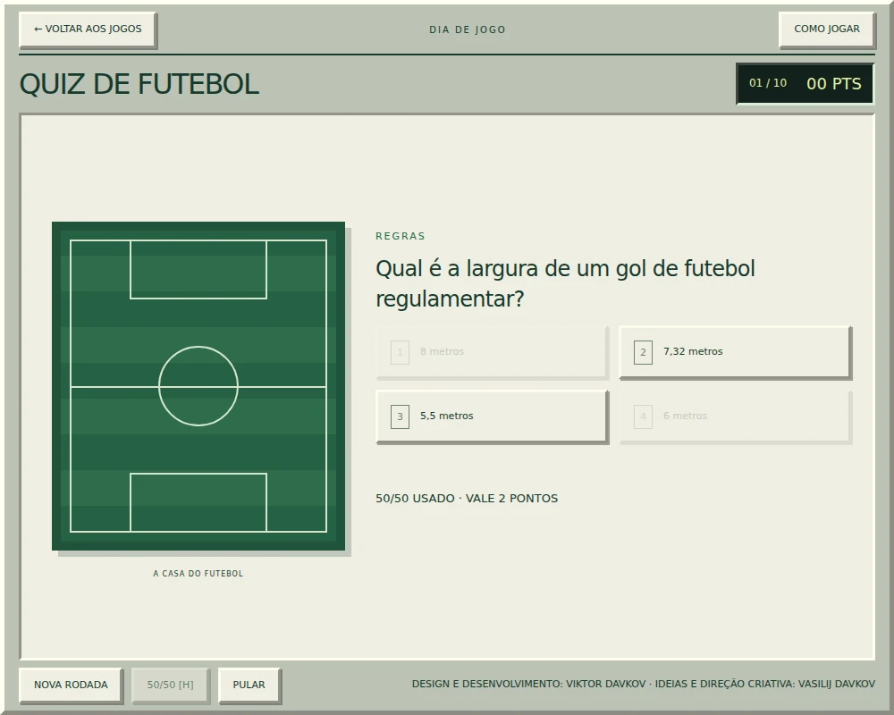 Quiz de futebol após o 50/50, com as opções restantes e o estado da dica.