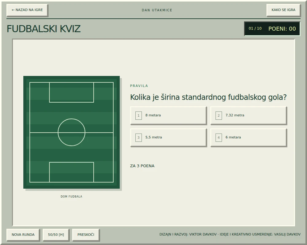 Fudbalski kviz u projektu Game Room, sa pitanjem i četiri dugmeta za odgovore.