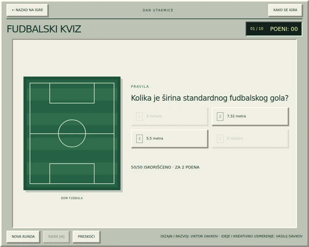 Fudbalski kviz posle korišćenja pomoći 50/50, sa preostalim odgovorima i oznakom iskorišćene pomoći.