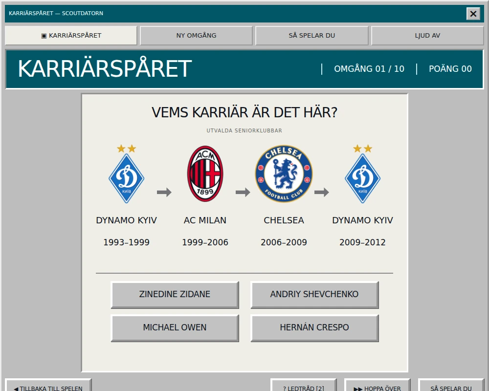 Karriärspåret visar fyra utvalda klubbperioder i följd och fyra spelare att välja mellan.