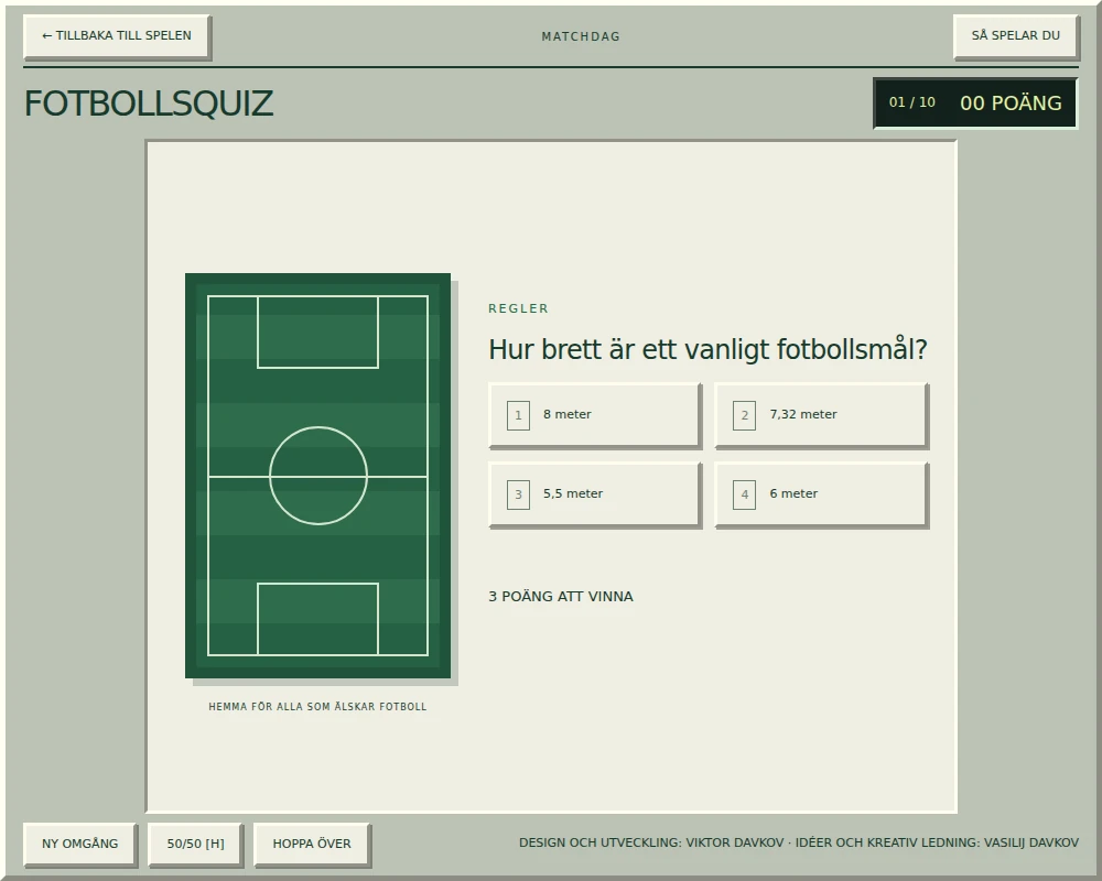 Fotbollsquiz i Game Room, med en fråga och fyra svarsknappar.