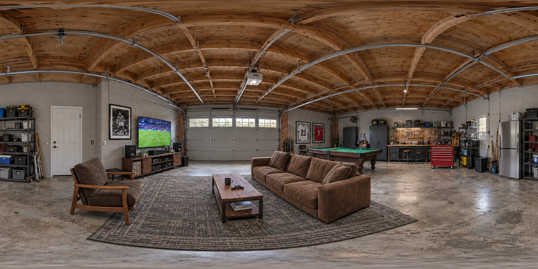 Garage: a relaxed sports lounge with suede seating, a pool table and a workbench