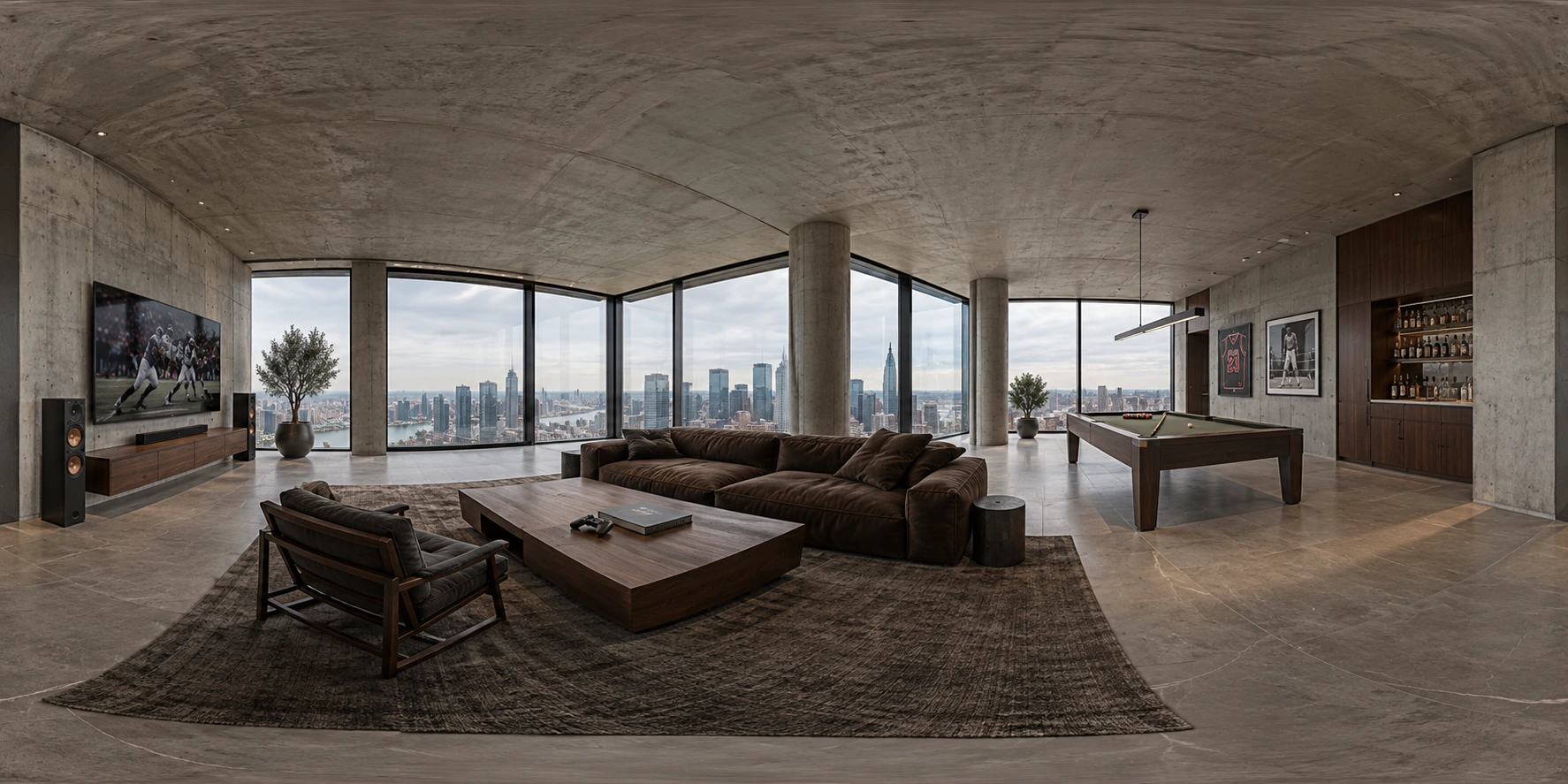 Penthouse: a minimalist industrial lounge with city views and suede seating