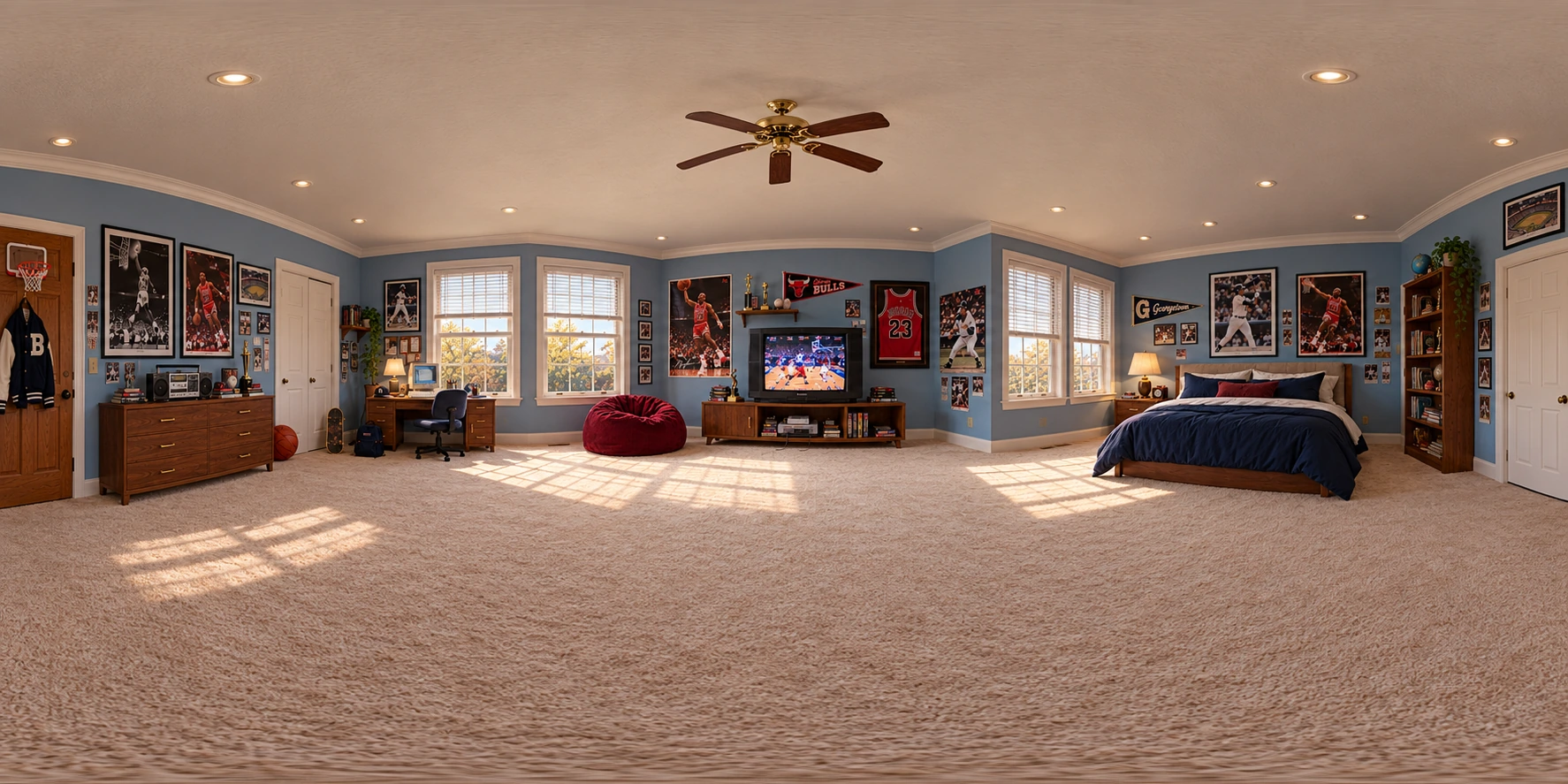 Original 1997: a sunlit sports bedroom with blue walls and a navy bed